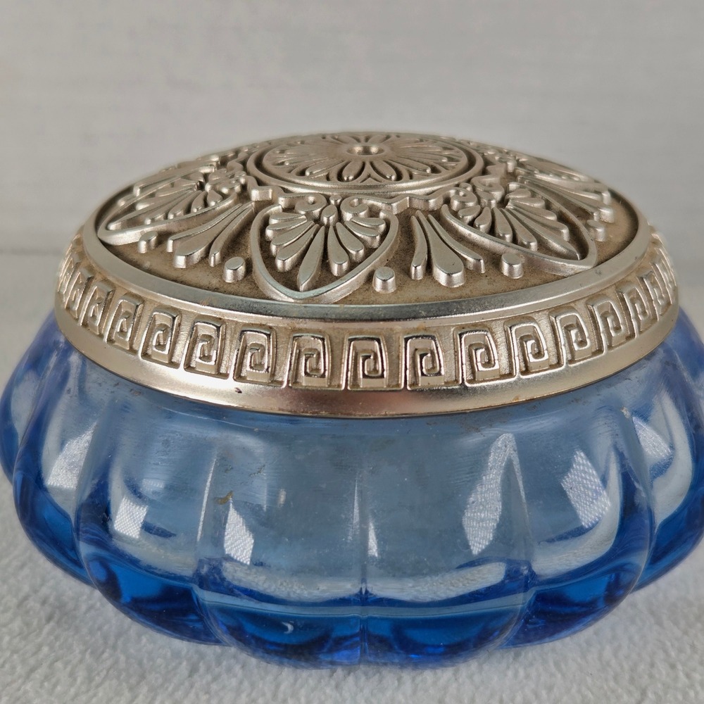 Vintage Royal Doulton Blue Glass Body Cream Jar with Ornate Silver Lid 7 FL OZ